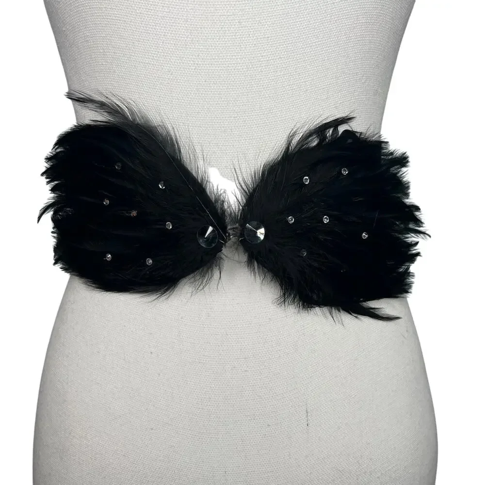 Vintage 90s Size Medium Large Black Feather Rhinestone Belt Wide Stretch Cinch